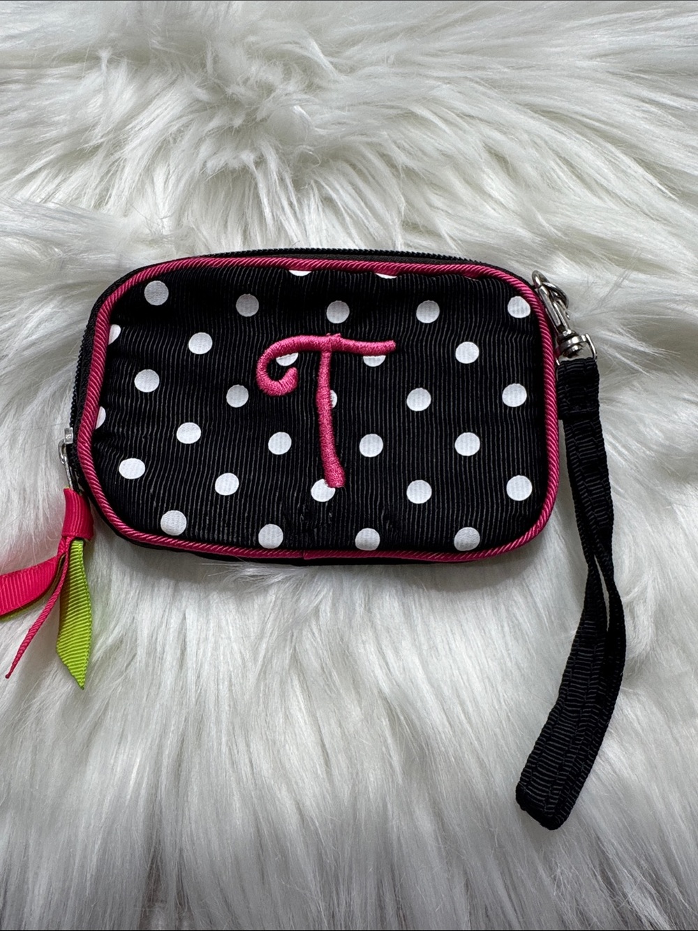 Monogram Polka Dot Fabric Wristlet ID wallet in Black and Hot Pink